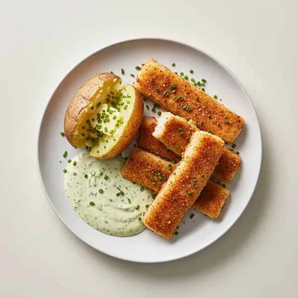 Baked Chipotle Fish Tenders With Chives Butter Jacket Potato & Creamy Jalapeno Sauce